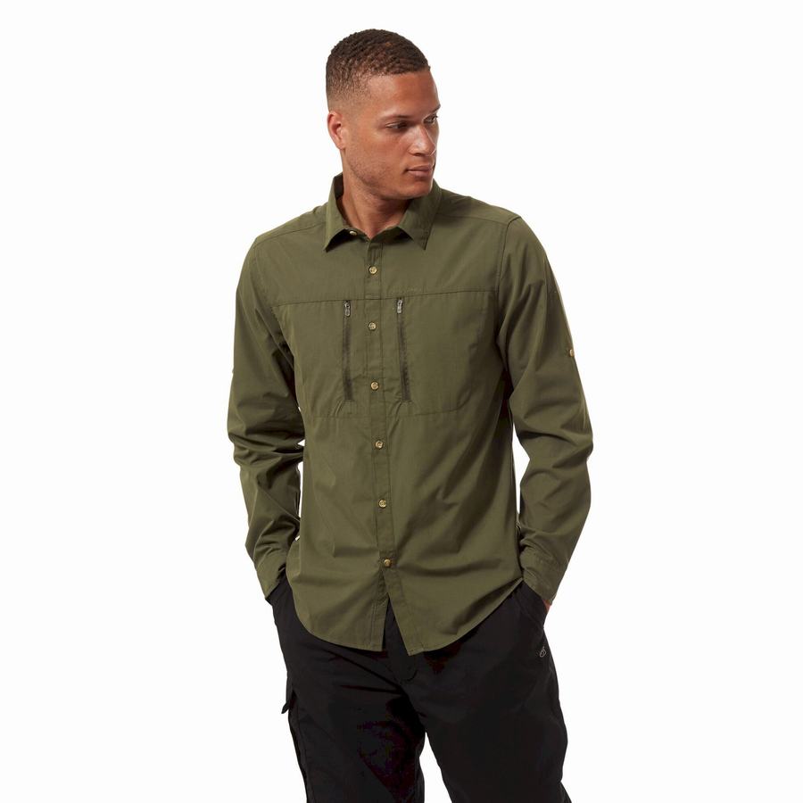 Camisas Craghoppers Kiwi Boulder Long Sleeved Hombre Kaki Oscuro | XUE1661DL